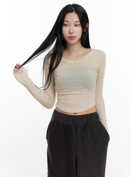 long-sleeve-round-neck-crop-top-cn408 / Beige