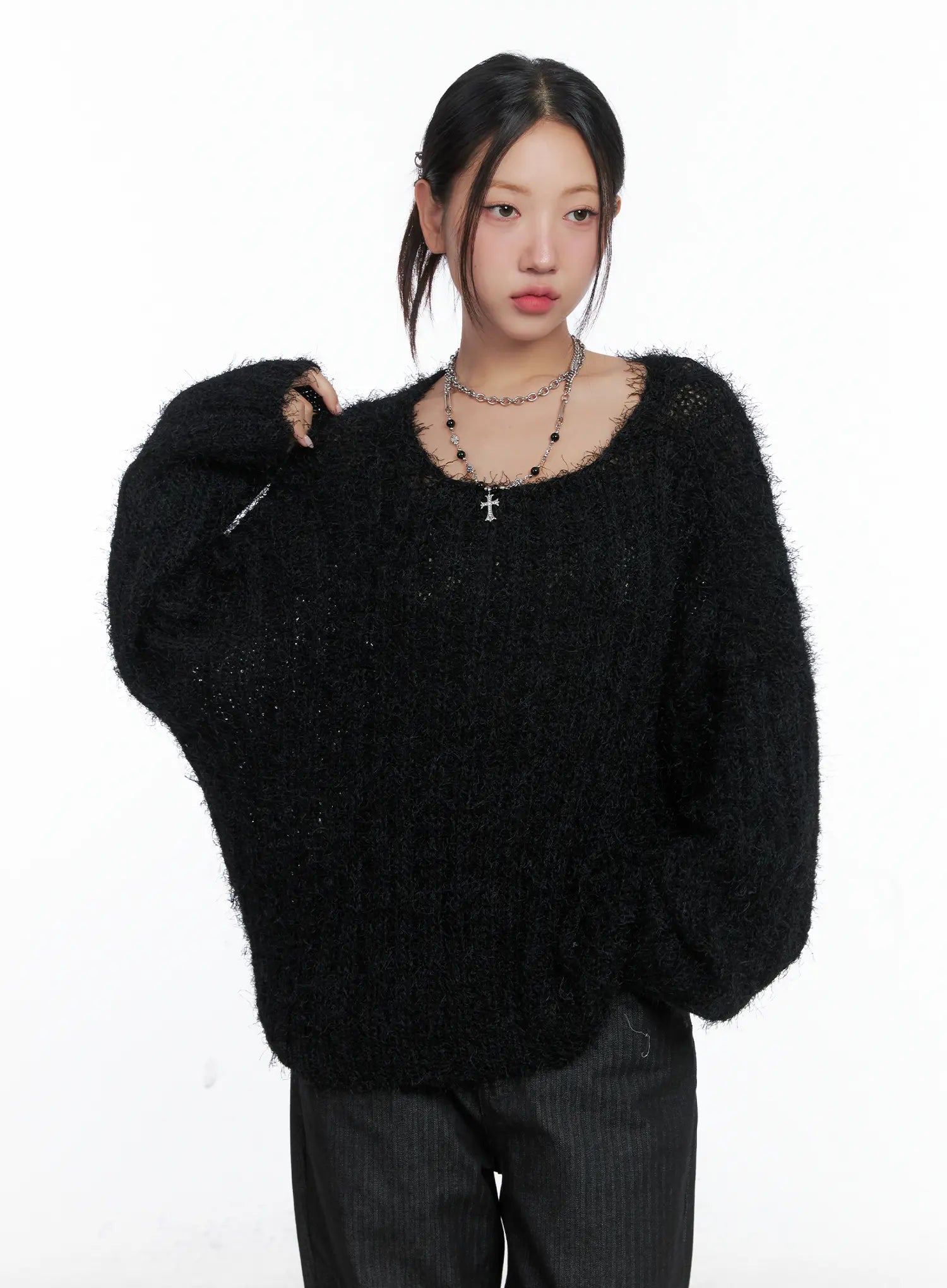 fluffy-off-shoulder-sweater-cs502 / Black