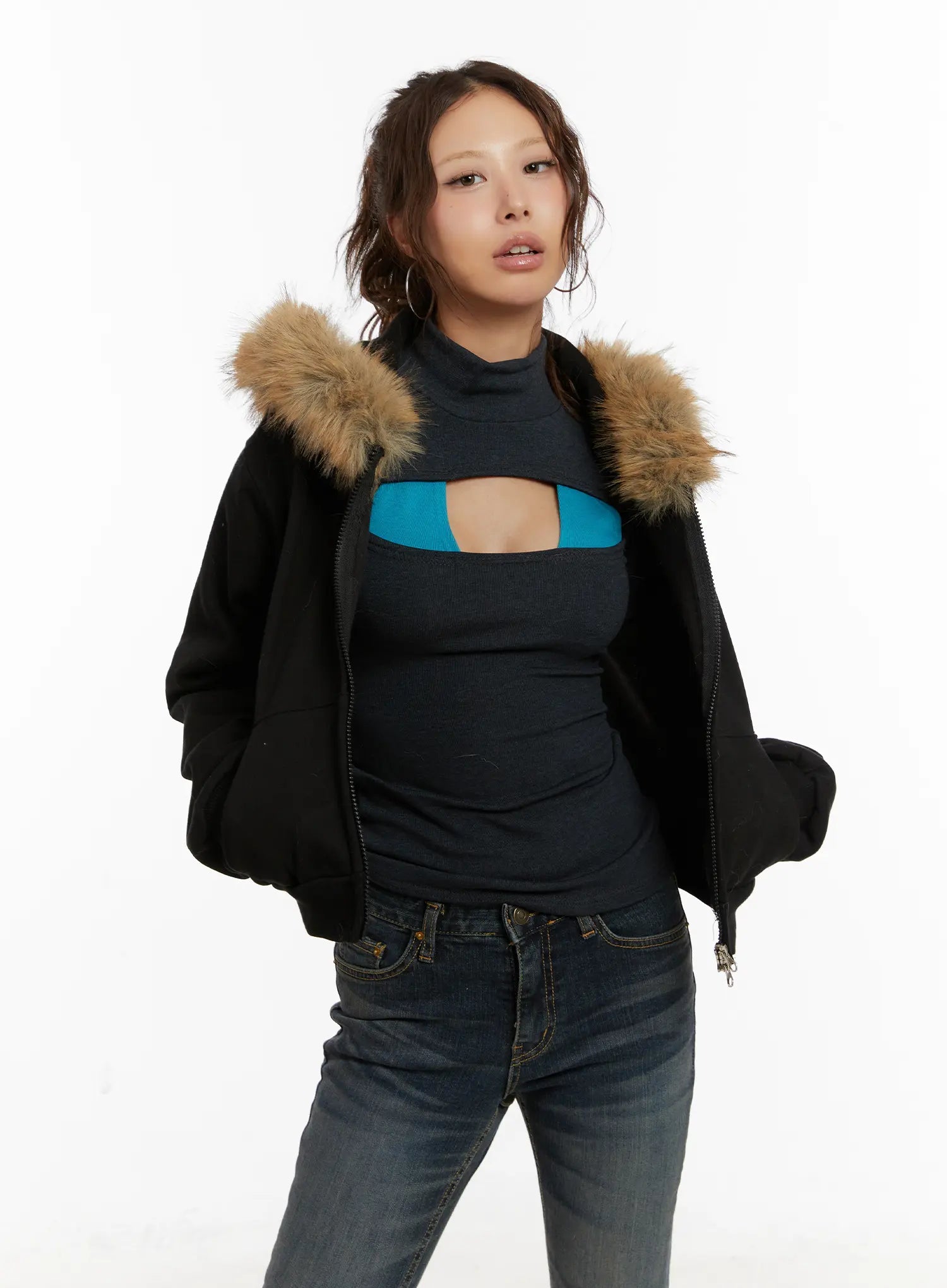 faux-fur-graphic-fleece-zip-up-hoodie-cd515 / Black