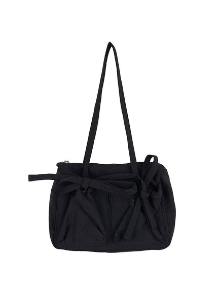 ribbon-tie-nylon-shoulder-bag-cj515 / Black