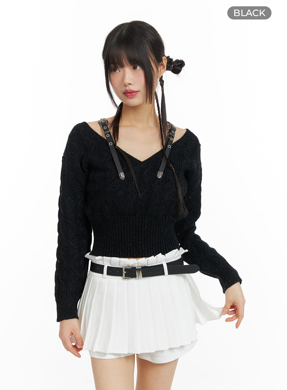cable-knit-buckle-sweater-cf420 / Black
