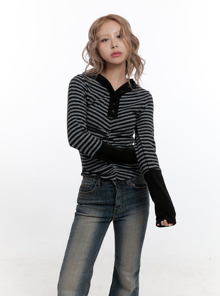 stripe-print-slim-fit-knit-top-cn425 / Black