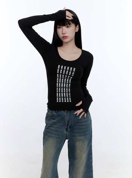 graphic-lettering-slim-fit-long-sleeve-top-cd419 / Black