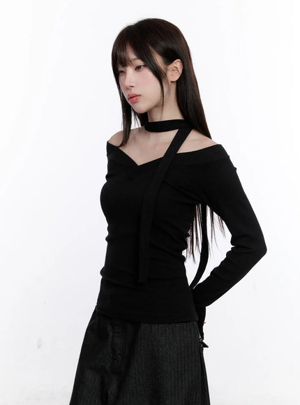 v-neck-ribbed-two-way-tie-long-sleeve-top-cs530 / Black