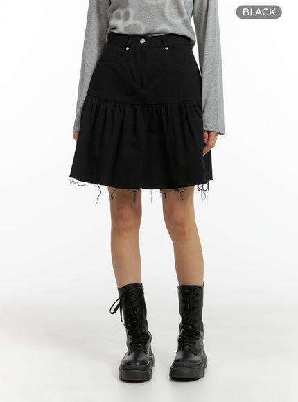 destroyed-ruffled-hem-midi-skirt-cm407 / Black