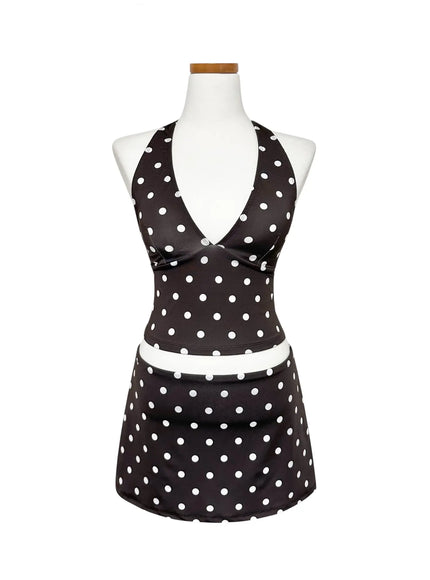 polka-dot-halter-neck-tankini-set-iy514 / Dark brown