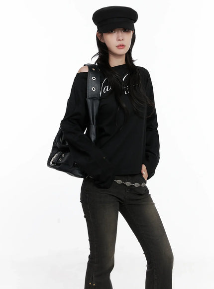 asymmetrical-shoulder-long-sleeve-top-cs512 / Black