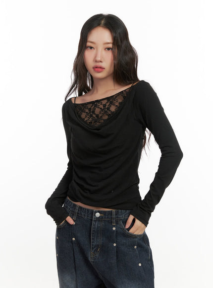 lace-detail-cowl-neck-top-cn426 / Black