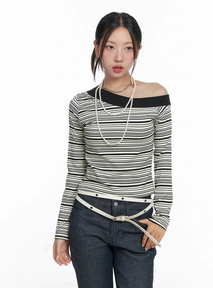stripe-off-shoulder-long-sleeve-top-cs502 / Black