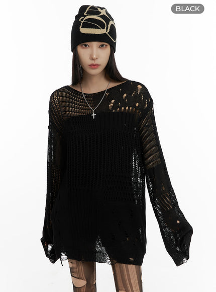 dark-grunge-damaged-mesh-knit-top-cf428 / Black