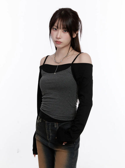 off-shoulder-layered-long-sleeve-top-co501 / Black