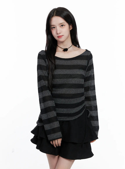 striped-ruched-wide-neck-top-cs523 / Black