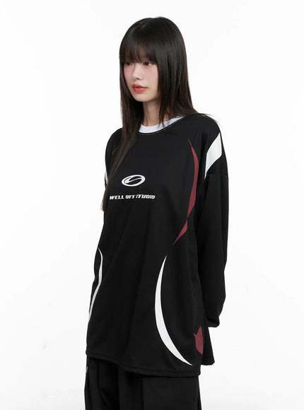 oversized-graphic-long-sleeve-jersey-cg518 / Black