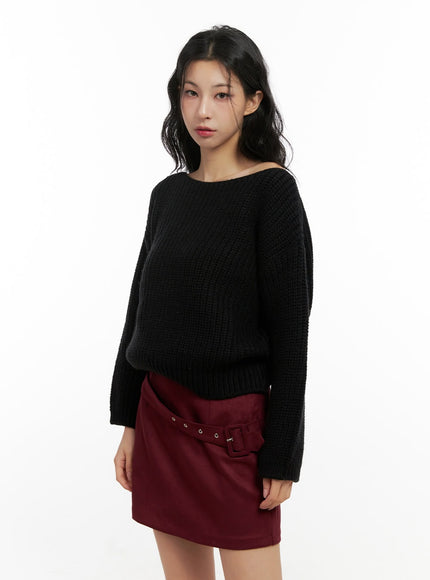 off-shoulder-loose-fit-knit-sweater-cn413 / Black