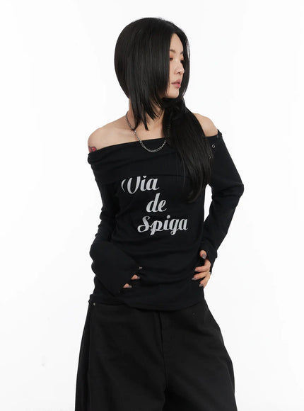 off-shoulder-graphic-button-long-sleeve-top-cd508 / Black
