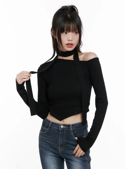 off-shoulder-scarf-long-sleeve-top-cg519 / Black