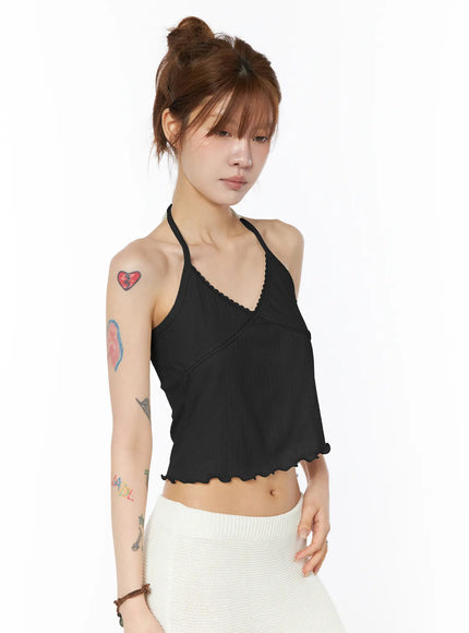 lace-trim-halter-sleeveless-top-cy527 / Black
