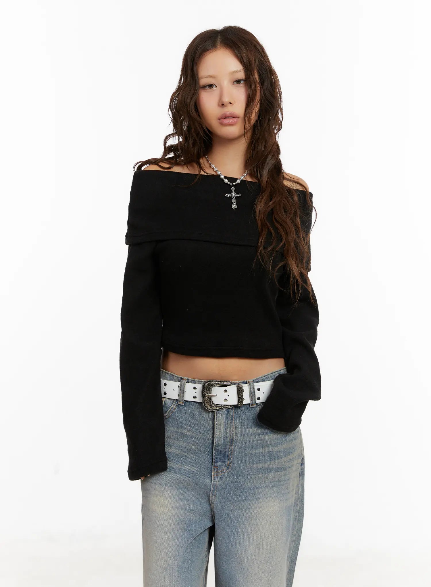 cozy-off-shoulder-long-sleeve-knit-top-cd517 / Black