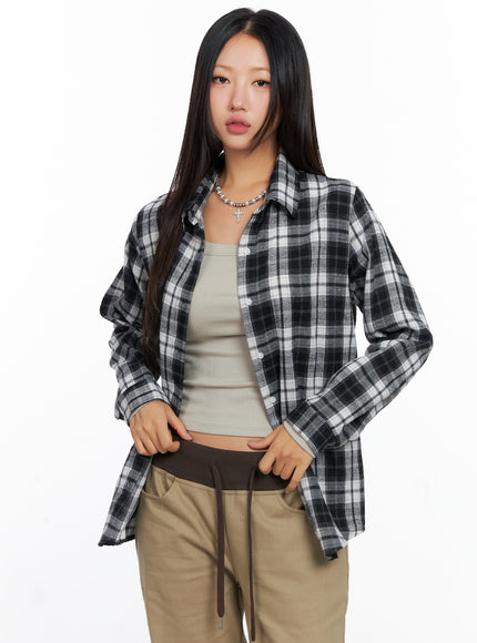 oversized-plaid-long-sleeve-flannel-shirt-co515 / Black