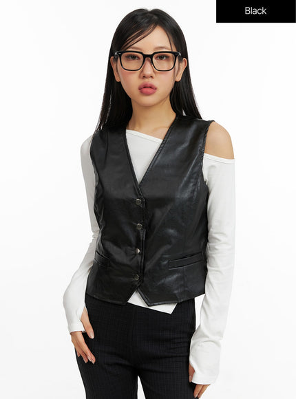 faux-leather-v-neck-vest-cf408 / Black