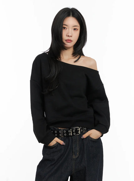 one-shoulder-fleece-sweatshirt-cd508 / Black