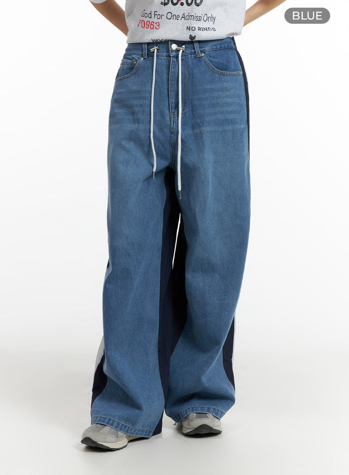 contrasting-trim-drawstring-baggy-jeans-cm407 / Blue