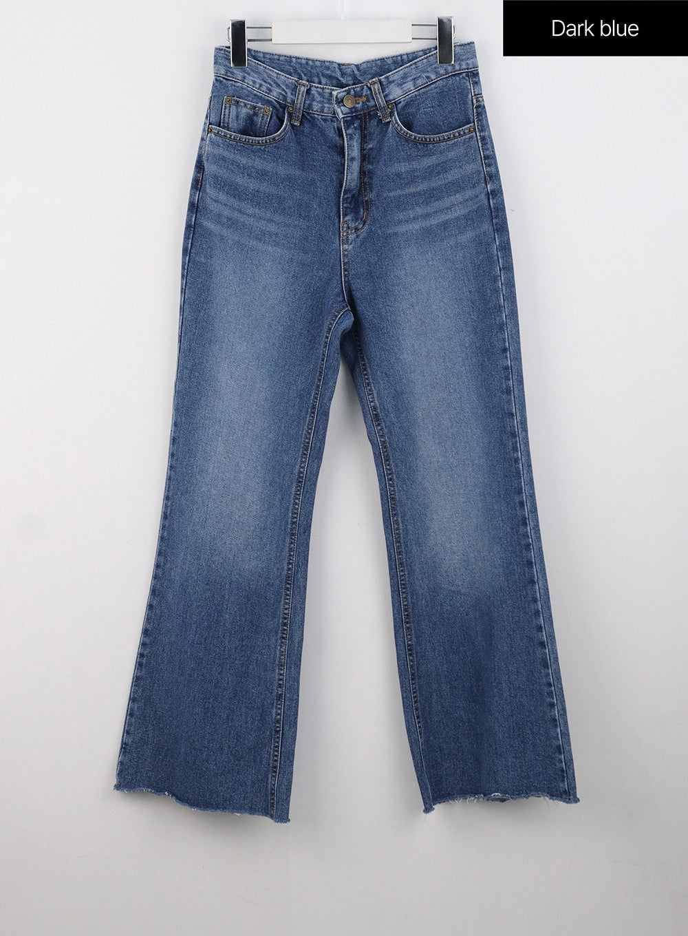 Straight-Leg Jeans OG318 in dark blue, flat product front shot on hanger, high-rise 5-pocket cotton denim, straight-leg with subtle flare, faded wash, raw frayed hem.