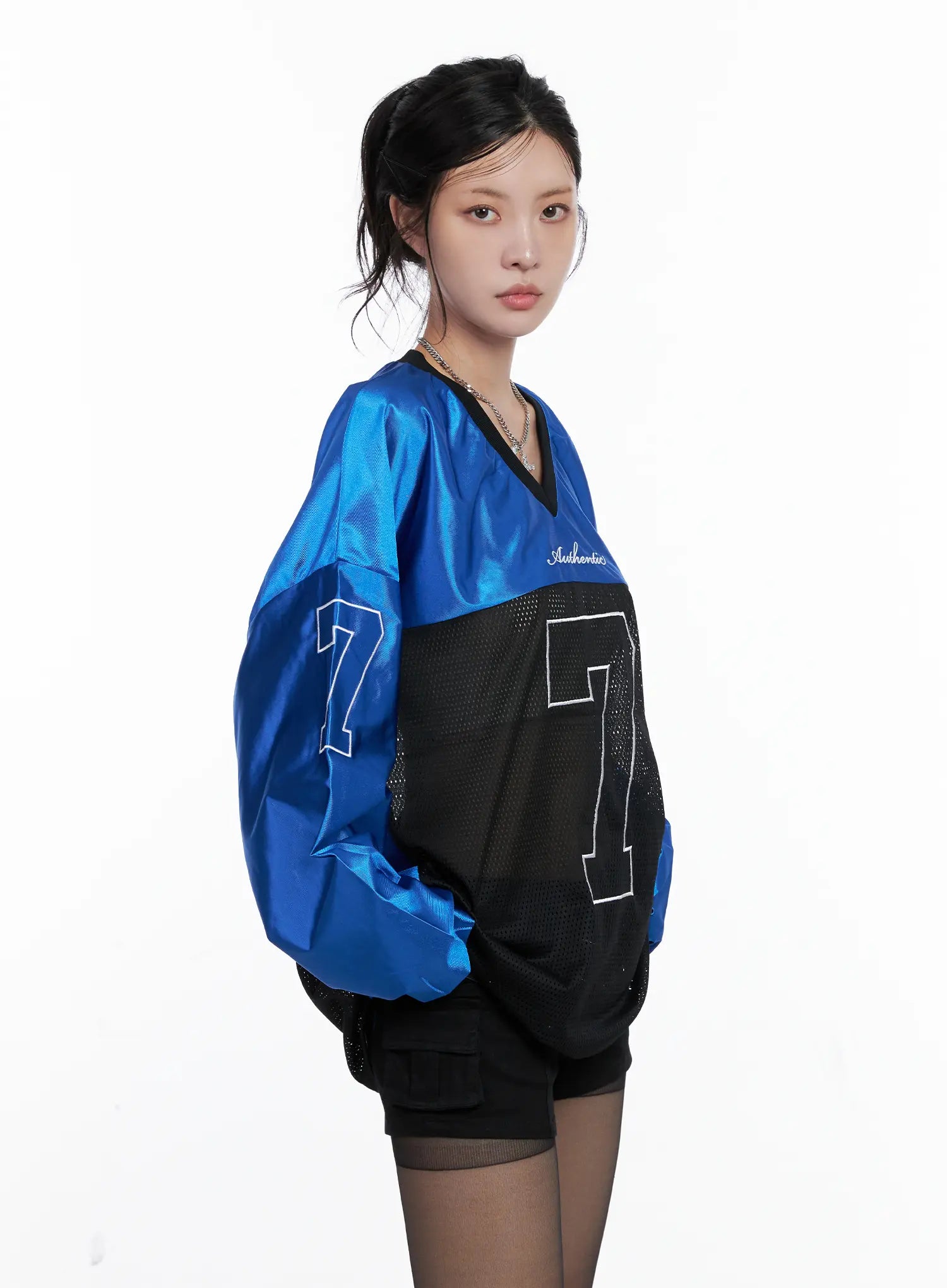 v-neck-graphic-jersey-top-cs512 / Blue