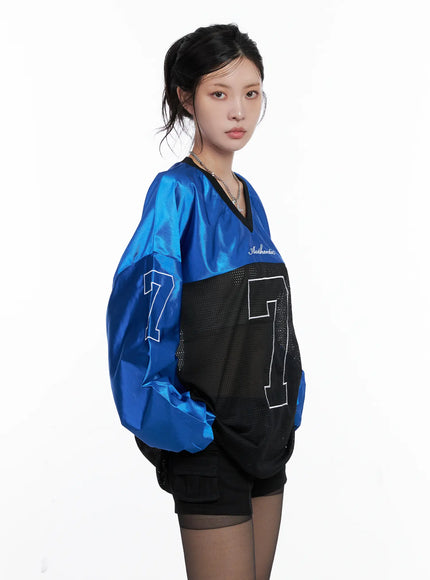 v-neck-graphic-jersey-top-cs512 / Blue