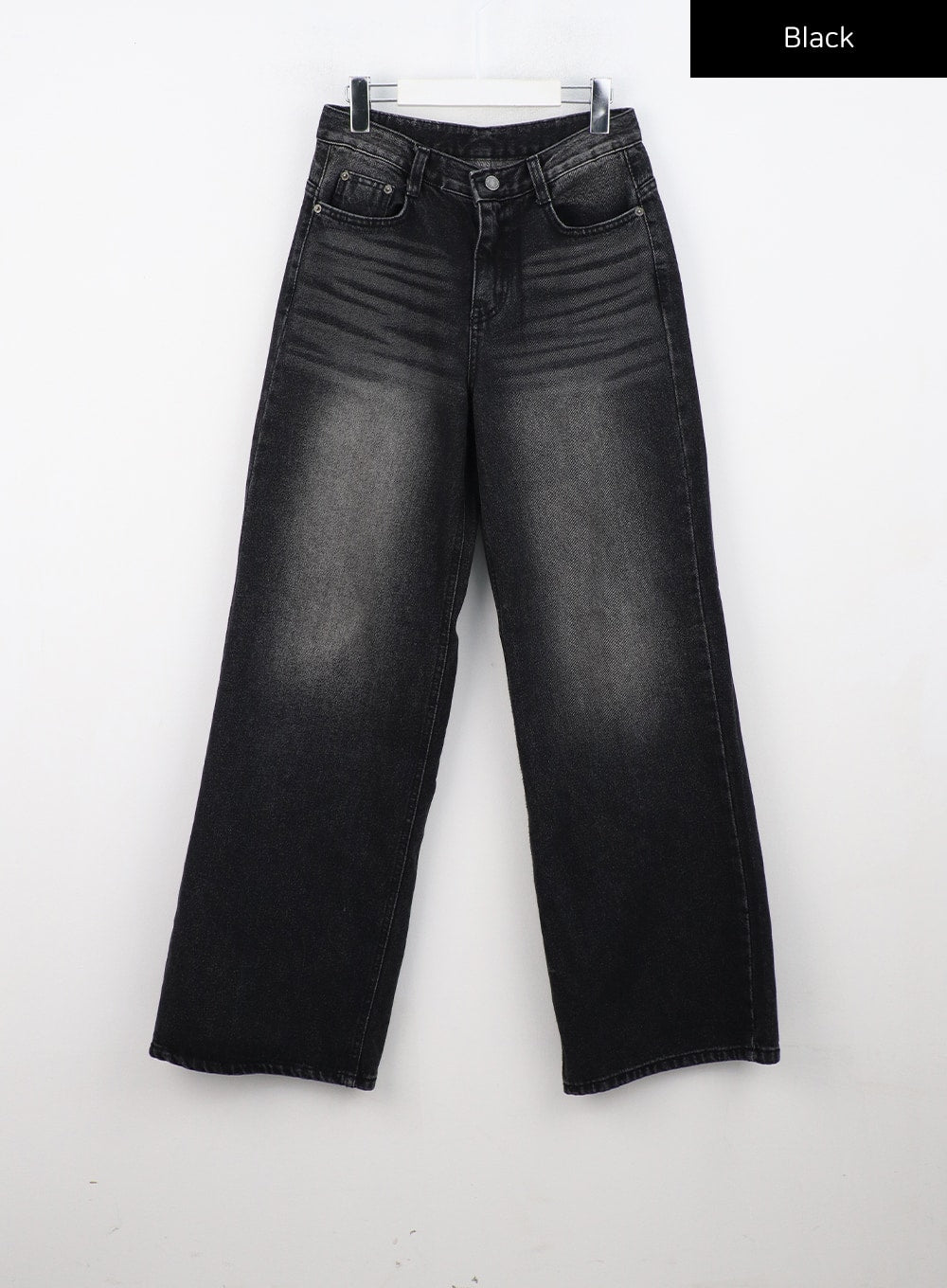 Back Slit Washed Wide Leg Jeans CN306 in Black, flat front hanger shot, low-waist washed black cotton denim, ultra-wide leg, five-pocket construction with faded whisker finish.