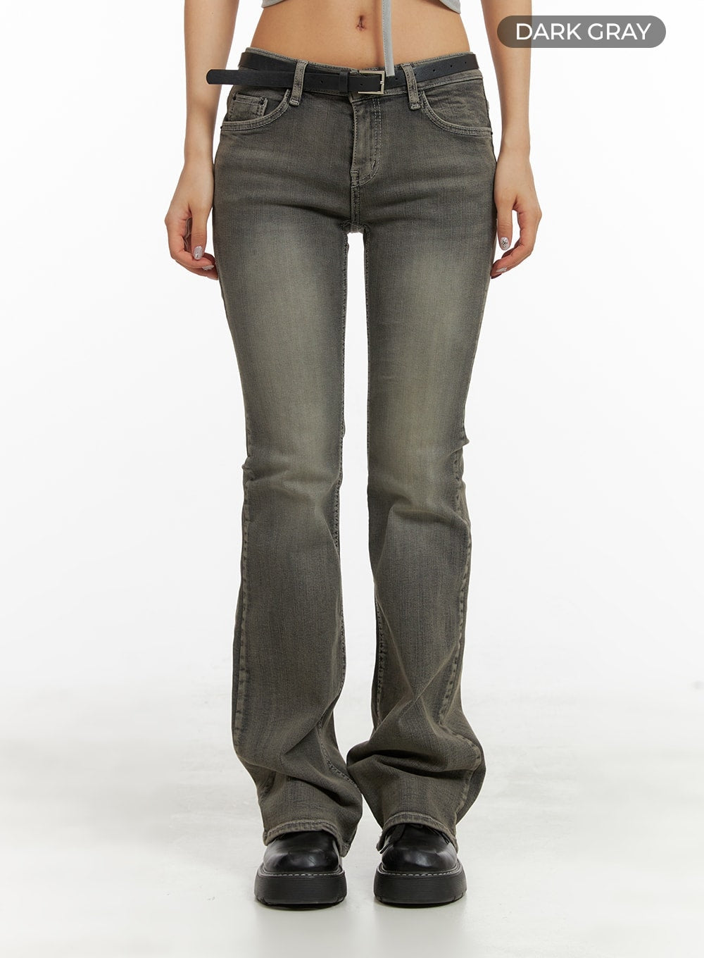 Low Rise Bootcut Jeans CA416 in dark gray, front product-focus shot on model, color-label view showing washed bootcut denim, low-rise fit, slim leg with flared hem and black belt.
