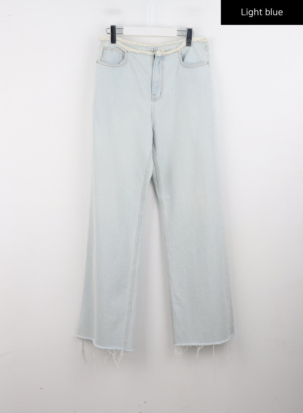 Cut Waist Wide Leg Jeans CG323 in light blue, flat hanger product shot, full-length front view showing frayed cut waistband, five-pocket styling, wide leg and raw-edge hem.