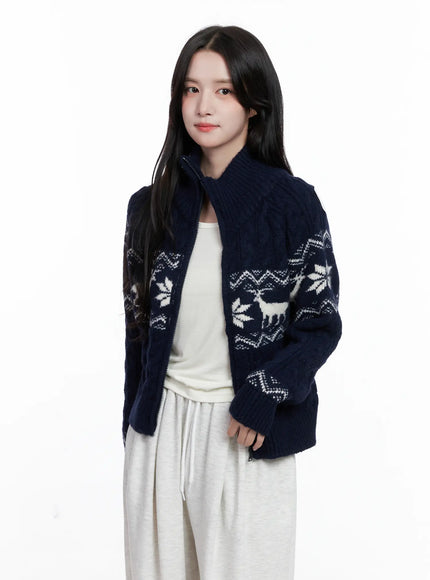 cable-knit-funnel-neck-zip-up-sweater-cs523 / Dark blue