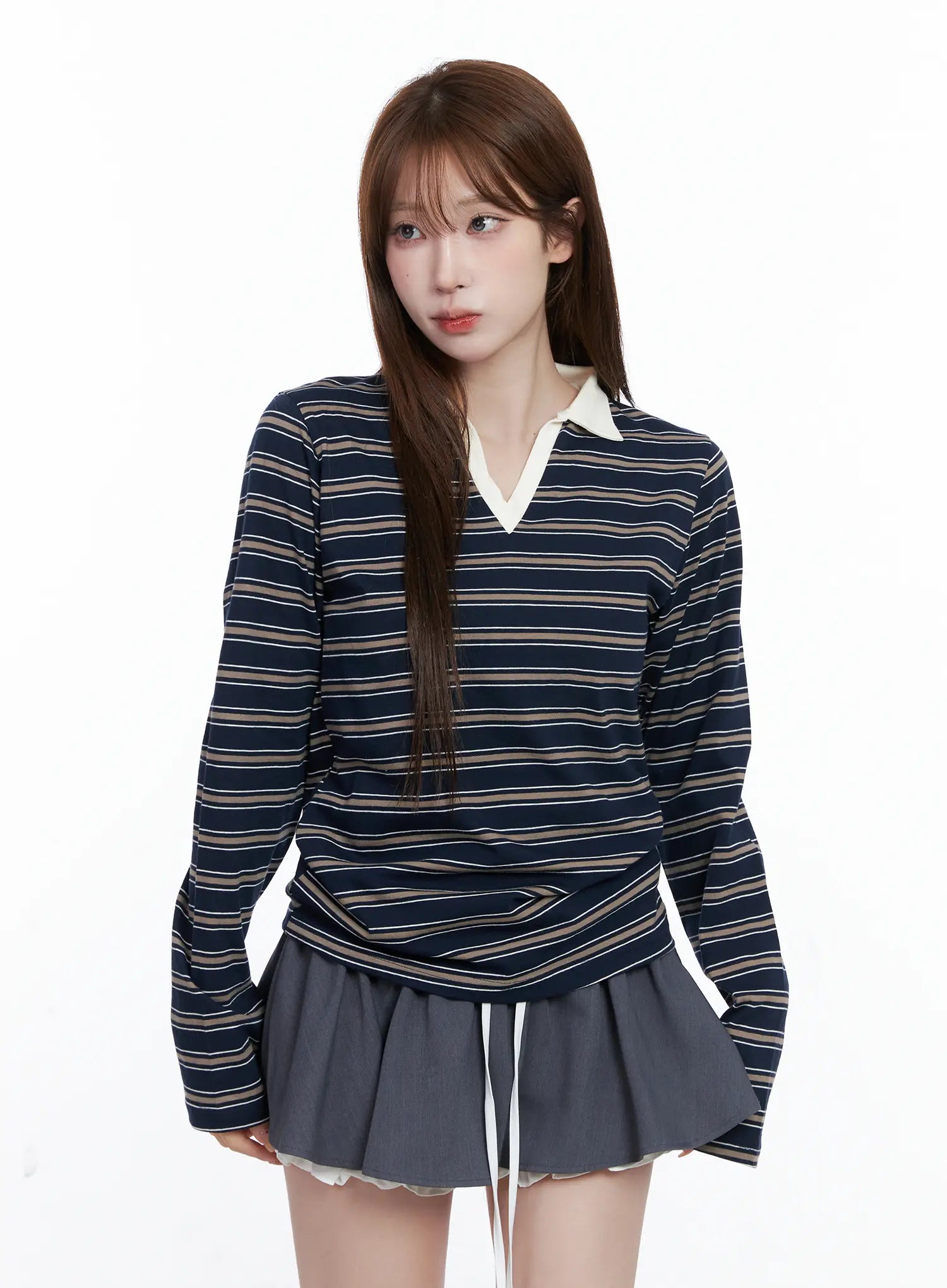 striped-v-neck-collar-polo-shirt-cg529 / Dark blue