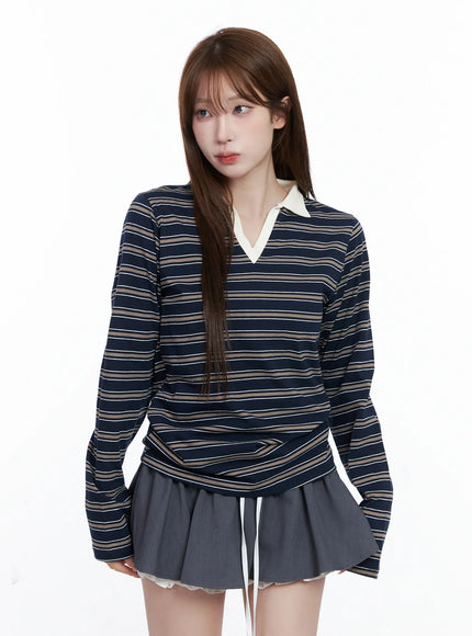 striped-v-neck-collar-polo-shirt-cg529 / Dark blue