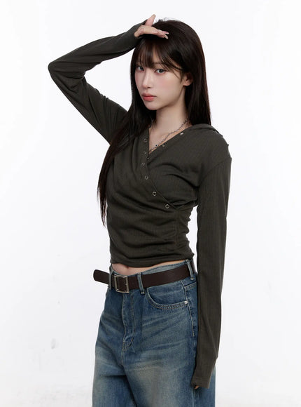 snap-button-long-sleeve-hooded-top-cs530 / Dark gray