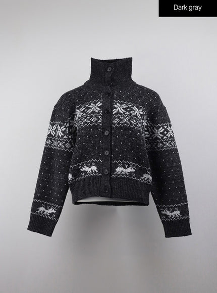 knit-round-neck-graphic-button-cardigan-oj409 / Dark gray