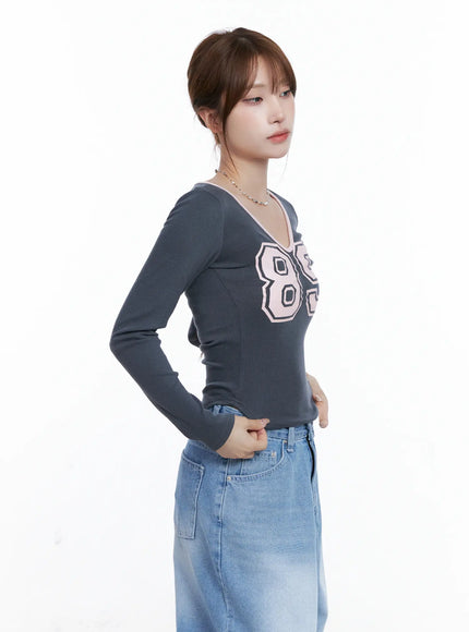 v-neck-number-89-long-sleeve-tee-cg529 / Dark gray