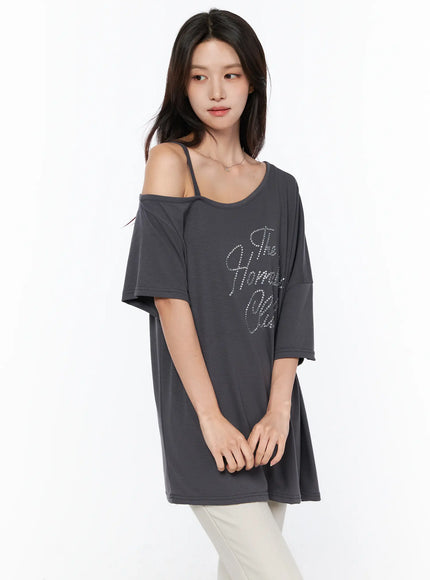 one-shoulder-oversized-rhinestone-tee-iu515 / Dark gray