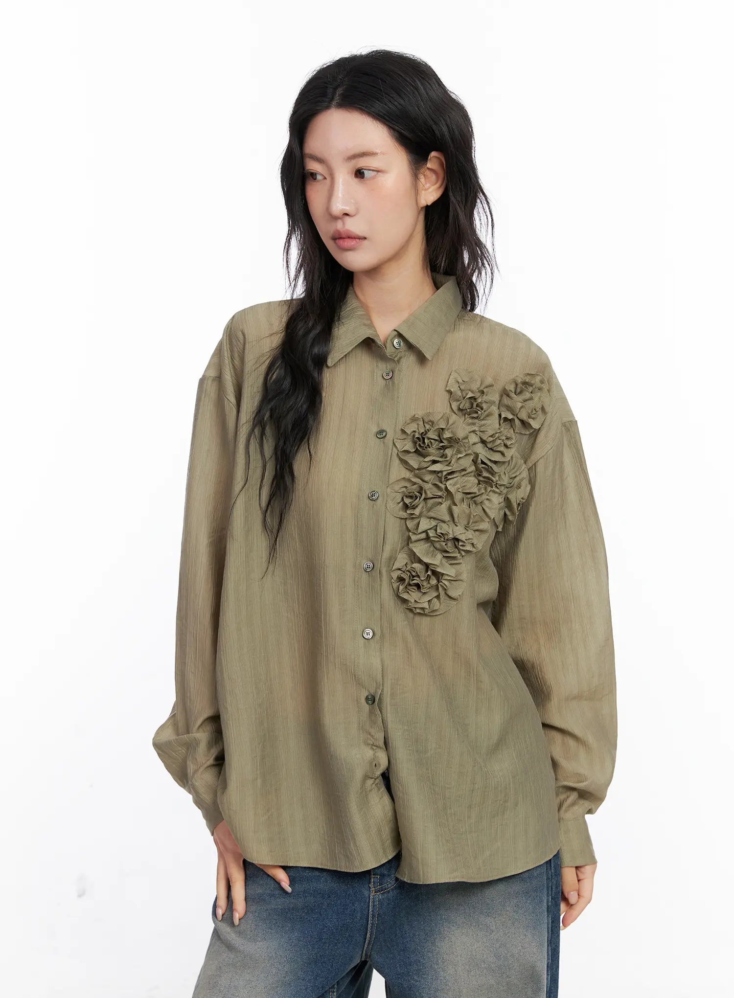 oversized-floral-frill-chiffon-blouse-co507 / Dark green