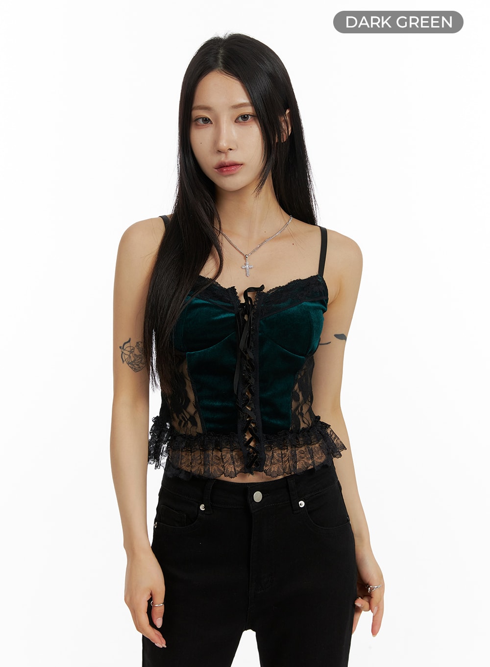 velvet-lace-crop-sleeveless-top-cf429 / Dark green