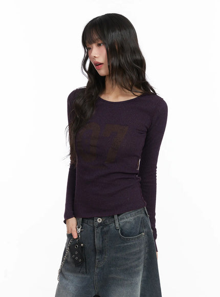number-print-ribbed-long-sleeve-tee-cj501 / Dark purple