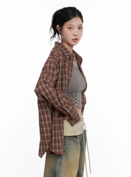 oversized-plaid-button-up-shirt-cs512 / Dark red