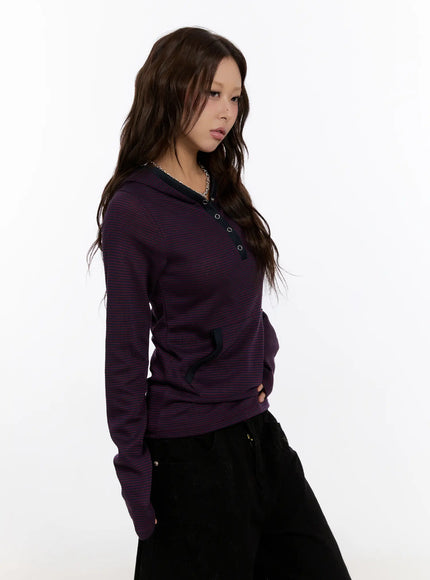 striped-button-slim-hoodie-cn527 / Dark red