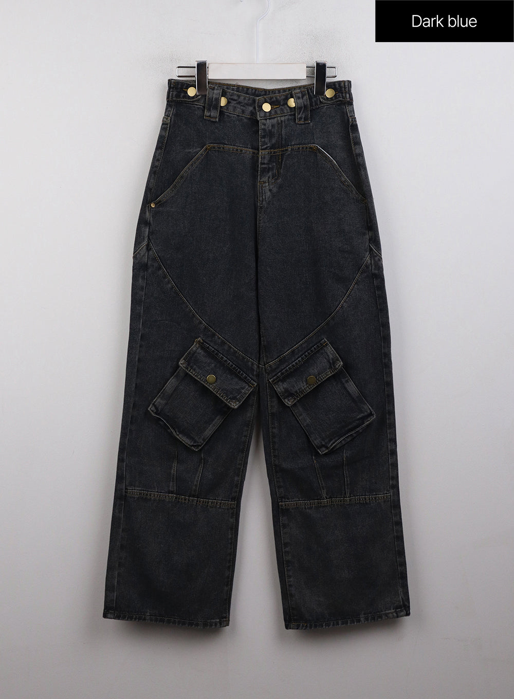 Mid Waist Cargo Jeans CJ411 in dark blue, flat front product shot on hanger, wide-leg washed denim with gold snap waistband, dual snap-flap cargo pockets, and contrast topstitching.