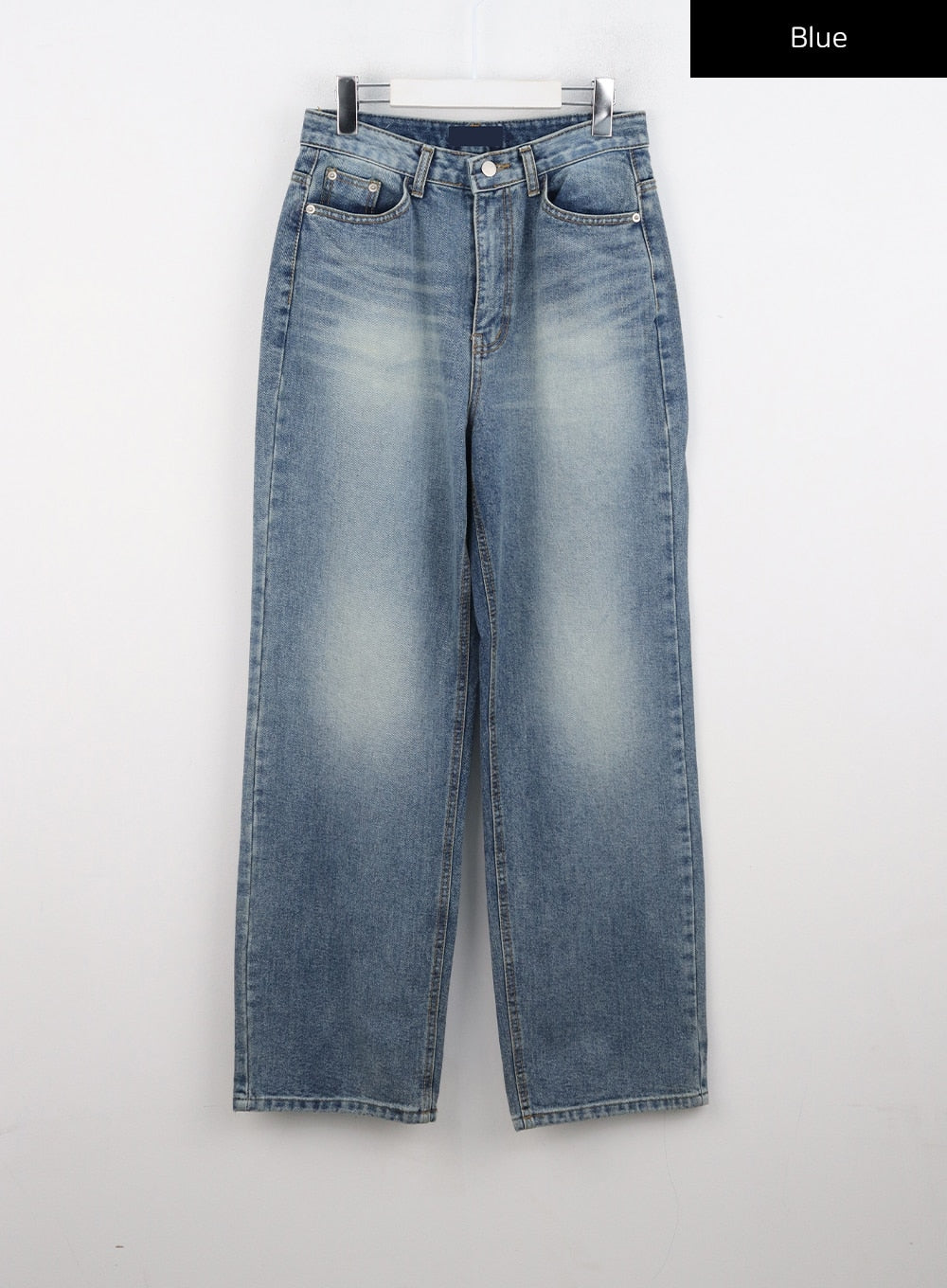 Straight Fit Jeans CN324 in blue, flat front product shot on hanger, washed cotton denim with five-pocket design, wide leg, high waist, and subtle fading throughout.