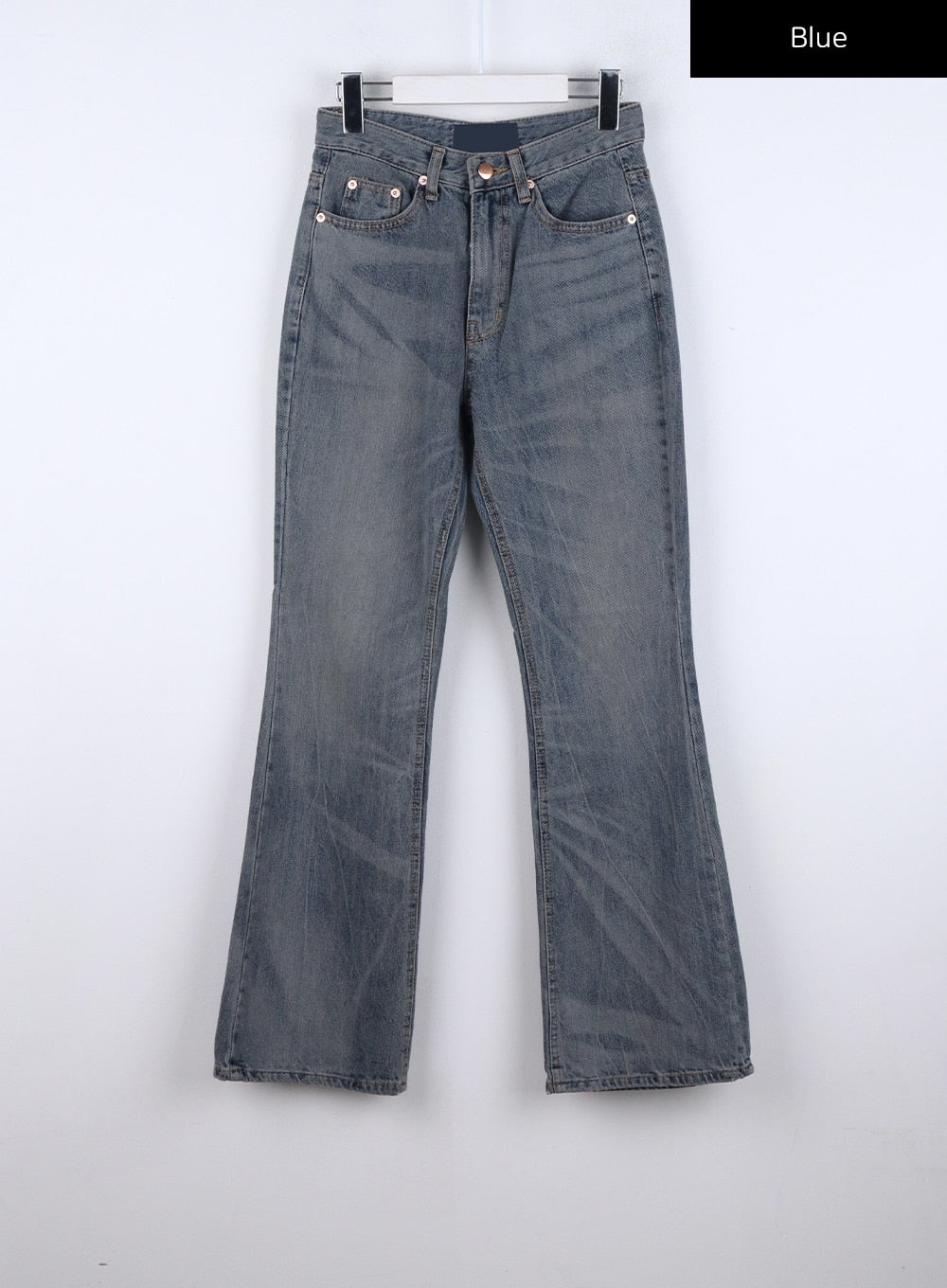 Vintage Washed Bootcut Jeans CO325 in blue, flat product-only hanger shot, full-length front view, slim fit cotton denim with vintage wash, five-pocket detail and bootcut silhouette clearly shown.