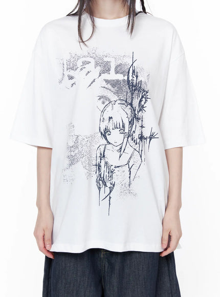Casual Graphic Short Sleeve Top CU519 in White, close-up front detail shot, dark navy anime girl and thorny barbed-wire graphic print with halftone texture clearly visible on cotton tee.