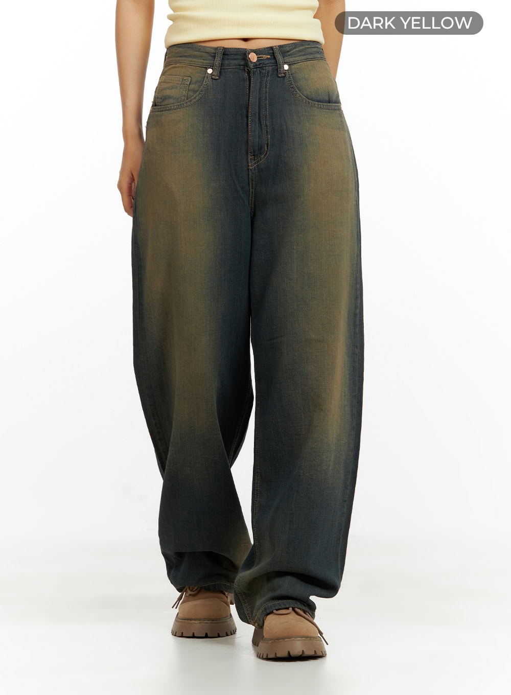 Vintage Washed Denim Baggy Pants CU420 in dark yellow, front view on model with color label, wide-fit waist with button closure and five-pocket design, pooling at hem.