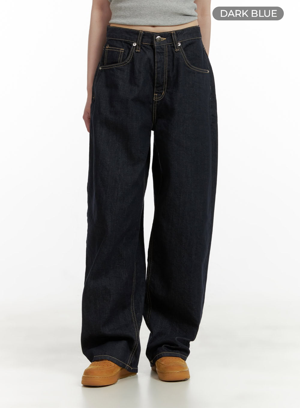 Stitch Detail Baggy Jeans CU410 in dark blue, front full-leg product shot on model, wide-fit solid denim with gold contrast topstitching, five-pocket design, color swatch labeled Dark Blue.